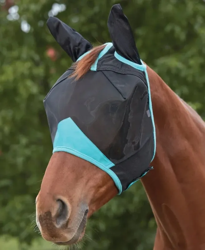 Livraison Gratuite Masque anti-mouches Weatherbeeta ComFiTec Deluxe Fine Mesh avec oreilles - Grand cheval - Noir / turquoise
