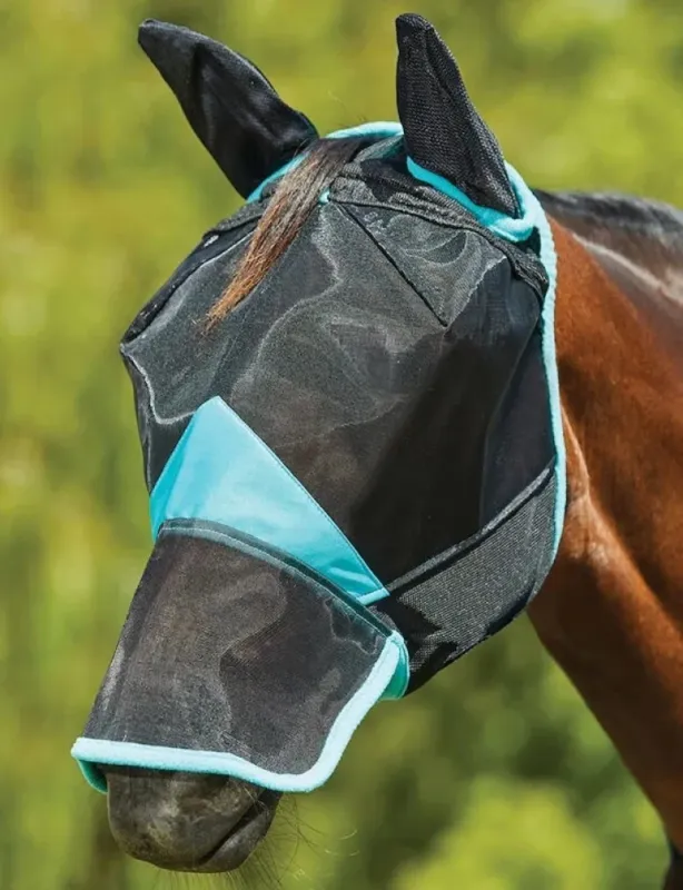 Masque anti-mouches Weatherbeeta ComFiTec Deluxe Fine Mesh oreilles et nez - Shetland - Noir / turquoise Expdition Rapide
