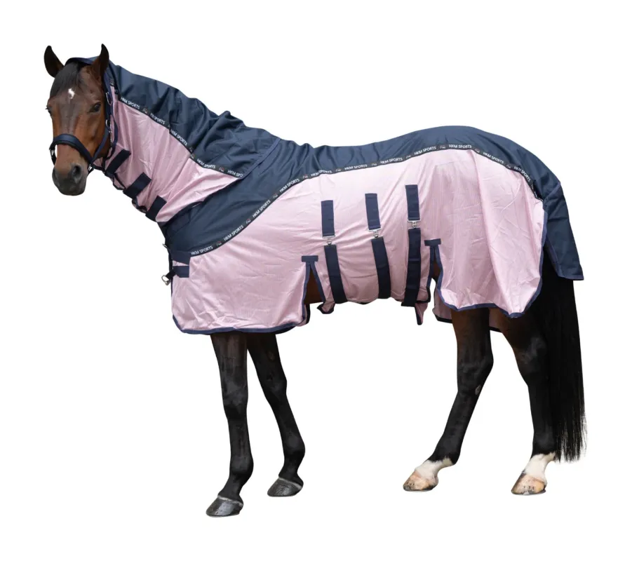 Promotion Couverture anti-mouches HKM Comfort Rain - 135 cm - Bleu fonc / rose