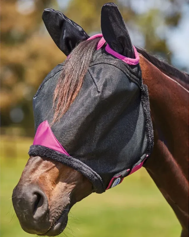 Masque anti-mouches Weatherbeeta ComFiTec Deluxe Durable Mesh avec oreilles - Poney - Noir / violet Offre Limite