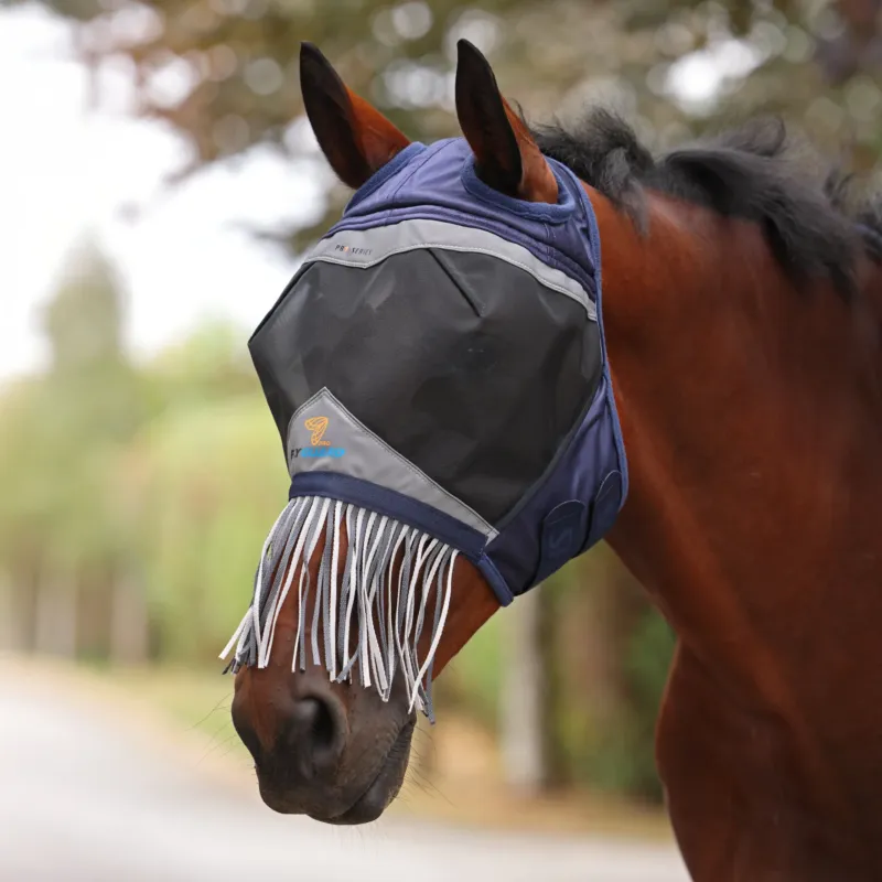 Masque anti-mouches Shires FlyGuard Pro Fine Mesh passage d'oreilles et nez franges - Cheval - Marine Expdition Rapide