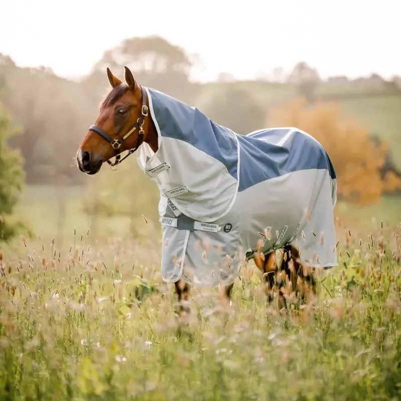 Chemise anti-mouche cheval Amigo AmEco Combi Horseware avec couvre-cou - 130 cm - Bleu/griis Offre Limite