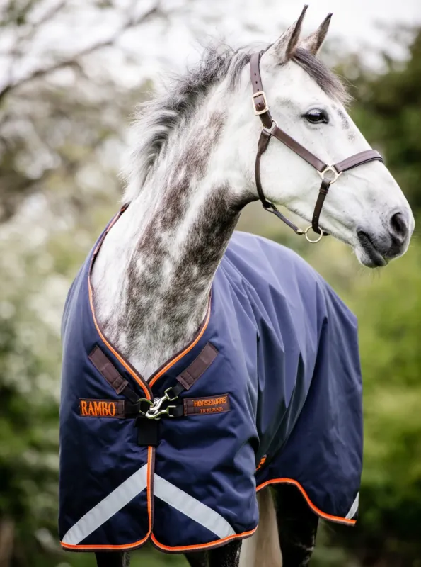 Couverture Horseware Rambo Original 100g avec Leg Arches - 165 cm - Marine / orange Commander Vite