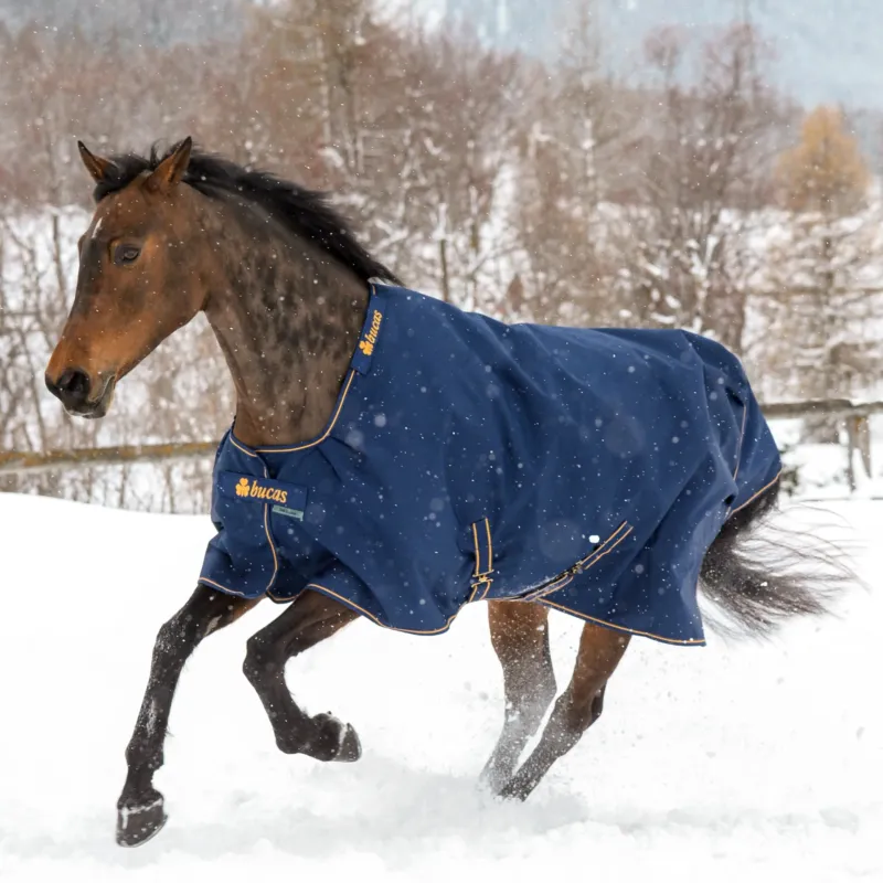 Meilleur Prix Couverture Bucas Irish Turnout Medium 150g 1200D - 165 cm - Marine / dor