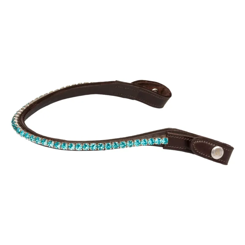 Nouvelle Collection Frontal en cuir de veau avec cristaux ronds Acavallo - Cheval - Marron fonc / aquamarine