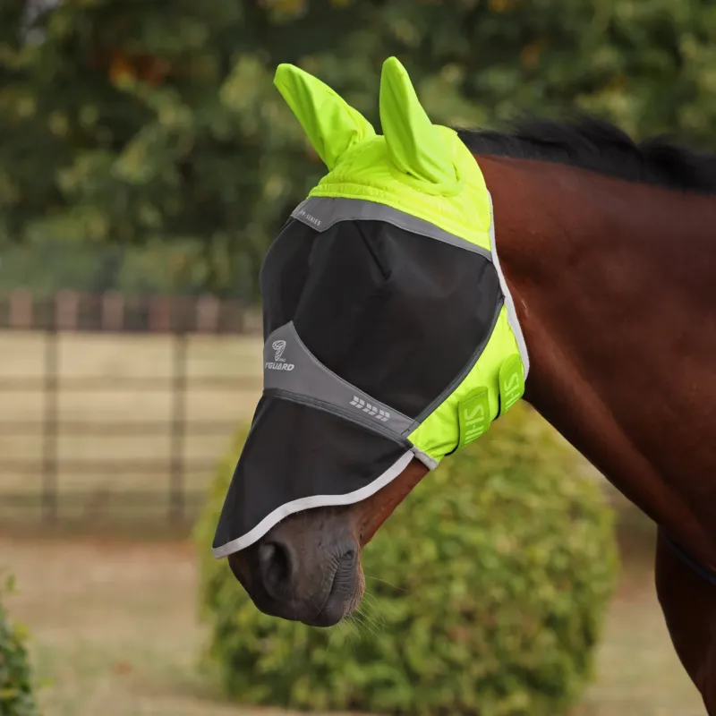 Masque anti-mouches Hi-Viz Shires FlyGuard Pro Fine Mesh avec oreilles et nez - Cheval - Jaune Haute Qualit