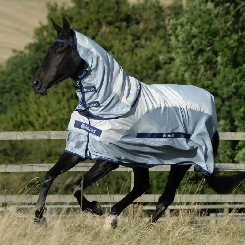 Haute Qualit Couverture anti-mouches Bucas Buzz-Off Rain avec couvre-cou - 125 cm - Argent / bleu