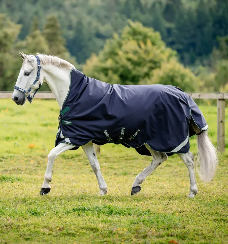 Acheter En Ligne Couverture Horseware d'extrieur Rambo Wug 0g 1000D - 115 cm - Marine / vert chasseur / argent