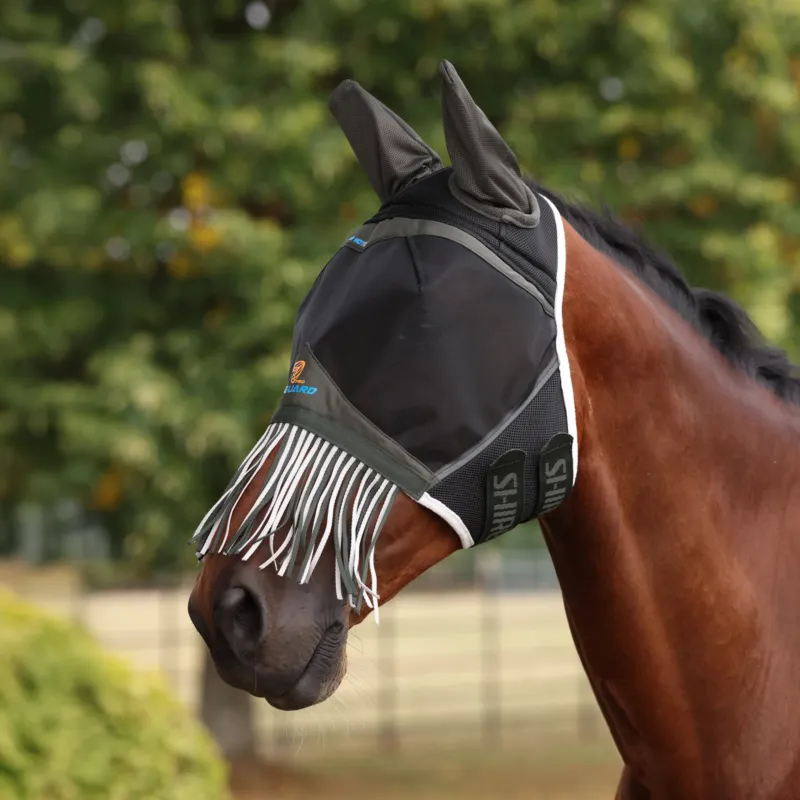 Masque anti-mouches Shires FlyGuard Pro Air Motion avec oreilles et franges - Poney - Kaki Petit Prix