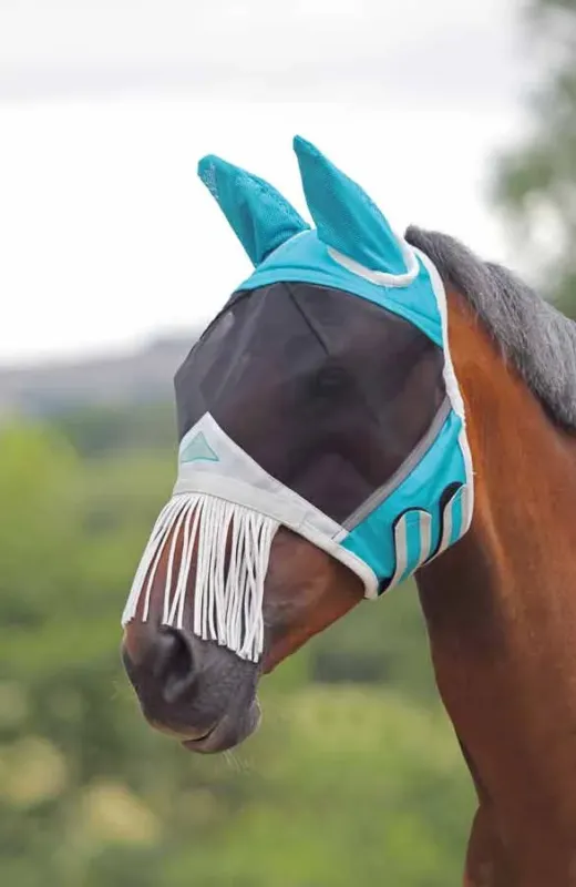 Masque anti mouches franges nez Shires FlyGuard Pro - Poney - Bleu sarcelle Remise