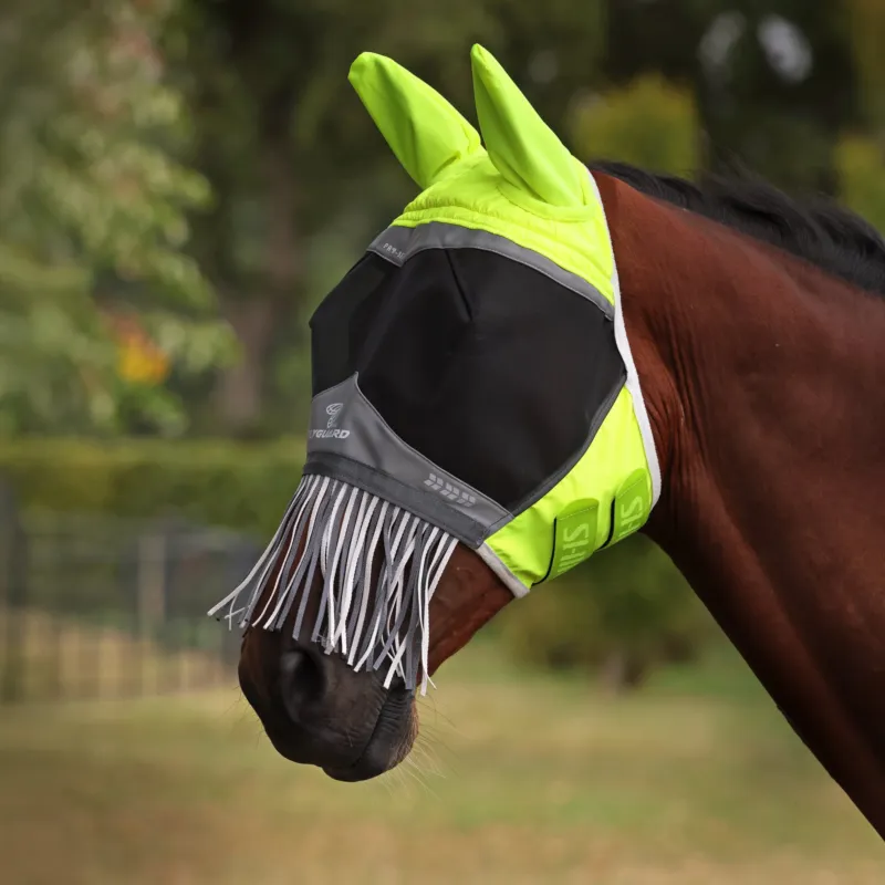 Masque anti-mouches Hi-Viz Shires FlyGuard Pro Fine Mesh avec oreilles, nez et franges - Cob - Jaune Rduction