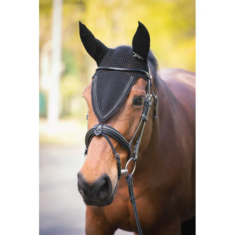 Nouvelle Collection PNLOPE - Bonnet pour chevaux long Strass - Cob - Noir