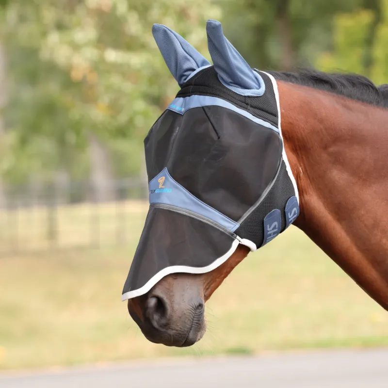 Masque anti-mouches Shires FlyGuard Pro Air Motion avec oreilles et nez - Petit poney - Bleu airforce fonc Offre Du Jour