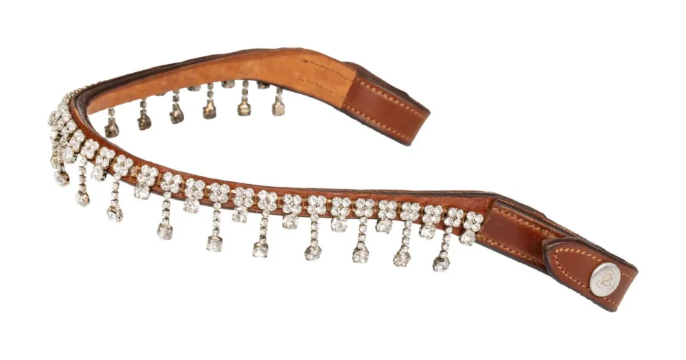 Frontal en cuir de veau avec cristaux Queen Acavallo - Cob - Cognac / transparent Livraison Gratuite
