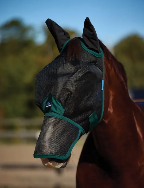 Authentique Masque anti-mouches Weatherbeeta ComFiTec Durable mesh avec oreilles et nez - XS - Noir / vert fort