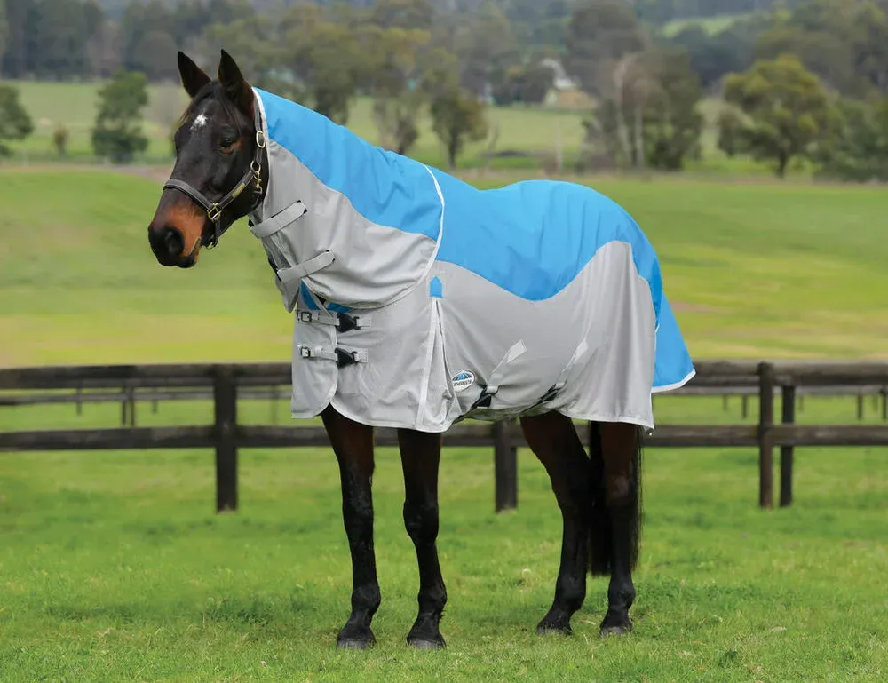 Authentique Couverture anti-mouches et impermable Weatherbeeta ComFiTec Dual Shield cou dtachable - 155 cm - Bleu / gris