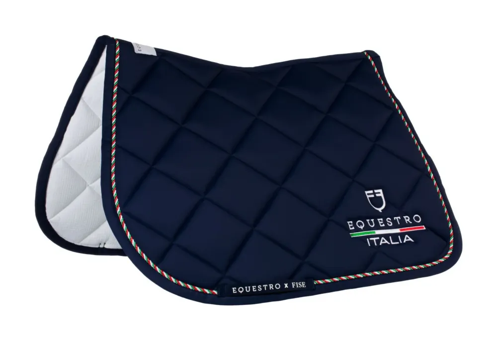 Authentique Tapis de saut Equestro x FISE avec liser drapeau italien - Cheval - Marine blazer