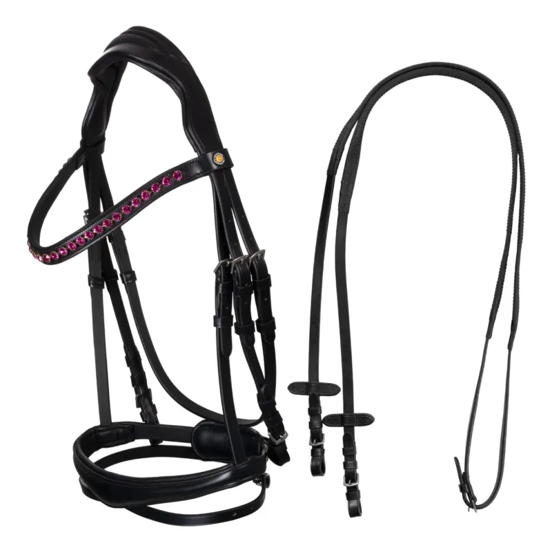 Meilleur Prix Bridon Equestro anatomique avec pierres Fuchsia - Poney - Noir