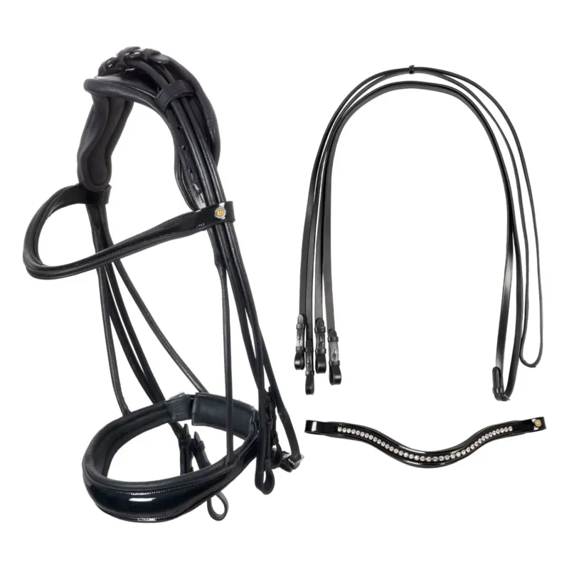 Bride de dressage Equestro anatomique en cuir roul - Grand cheval - Noir Soldes