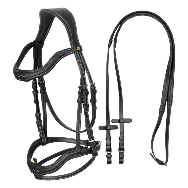 Bridon anglais en cuir souple Equestro surpiqres fantaisie - Grand cheval - Noir Livraison Gratuite