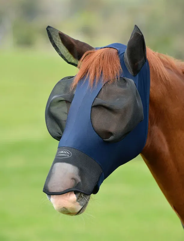 Vente Flash Masque anti-mouches Weatherbeeta ComFiTec Luxe Bug Eye Saver protections d'oreilles et nez - Poney - Marine / noir
