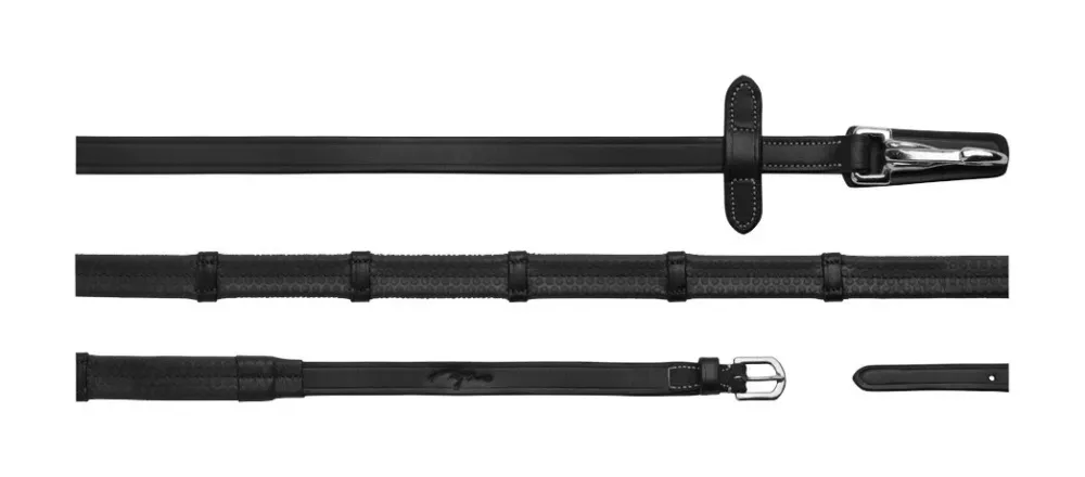 Rnes en Caoutchouc 5/8" Dy'on collection Working avec Arrtoirs en Cuir et Mousqueton - Cheval - Noir Offre Spciale
