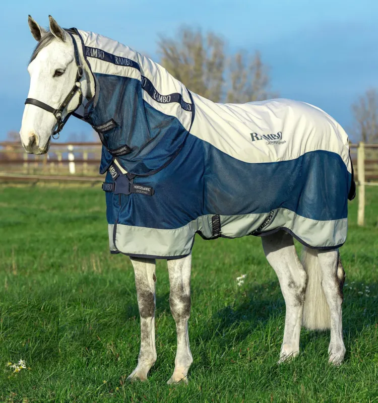 Couverture d'extrieur Horseware Rambo Summer 0g disque avec doublure 100g 600D - 125 cm - Marine / gris Commander Maintenant