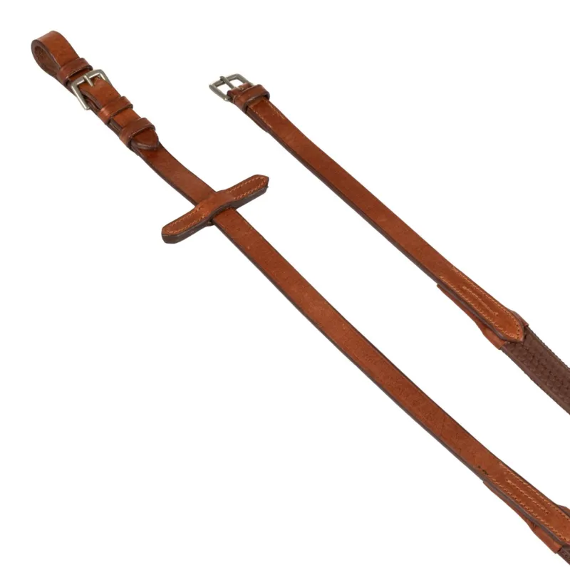 Expdition Rapide Rnes en cuir et caoutchouc avec boucles argentes (1,6 cm) Equestro - Cheval - Cognac