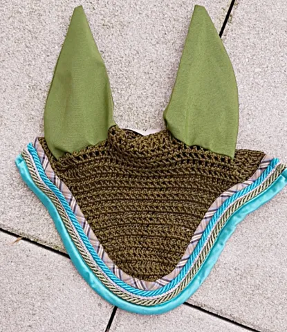 Livraison Gratuite Bonnet anti-mouches Rg Italy - Vert bord turquoise satin - Cheval