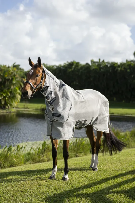 Chemise anti-mouches Horseware Rambo Protector Integrated - 145 cm - Argent / marine Populaire