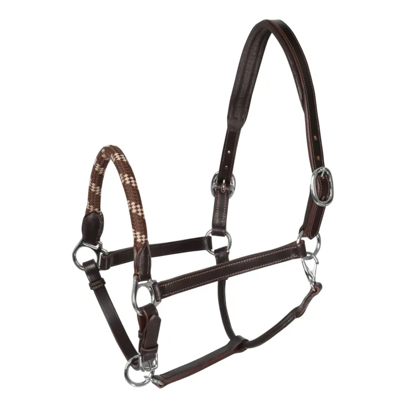 Expdition Rapide Licol en cuir avec protection ergonomique et muserolle en corde Acavallo - Cob - Marron fonc