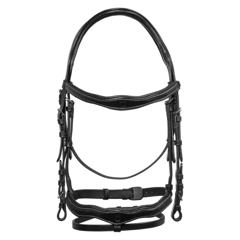EQUESTRO – Bridon Anatomique en Cuir Italien Coutures Blanches PONEY NOIR Soldes