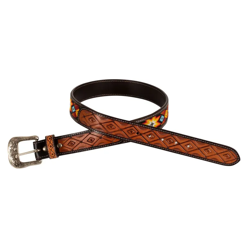 Nouvel Arrivage Ceinture Western Perle avec Boucle en Laiton Pool's - 115 cm - Naturel / turquoise / orange