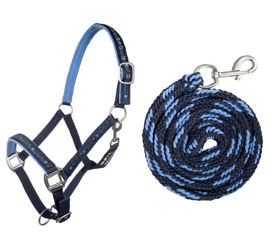 Set de licol et longe 180cm mousqueton HKM Stars - Pur-sang - Bleu fonc / bleu clair Rduction