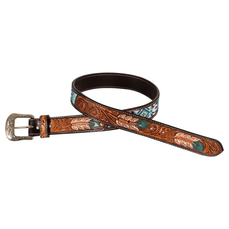 Top Vente Ceinture Western Perle avec Gravure Plume Pool's - 95 cm - Naturel / blanc / turquoise