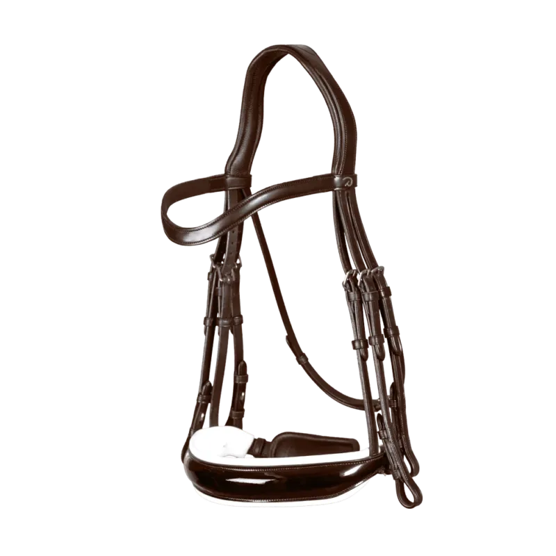 Bride Dy'on collection dressage cuir plat Muserolle Large Vernie Doublure Blanche - Cheval - Marron Livraison Gratuite