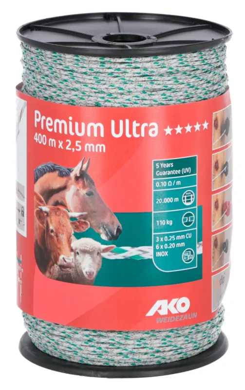 Offre Spciale Fil de clture Premium Ultra AKO - L 400 m x 2,5 mm - Blanc / vert