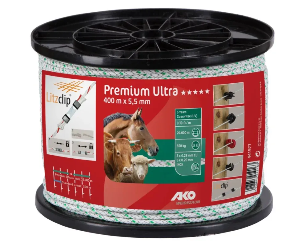 Cordelette de clture Premium Ultra AKO - L 400 m x 5,5 mm - Blanc / vert Paiement Scuris